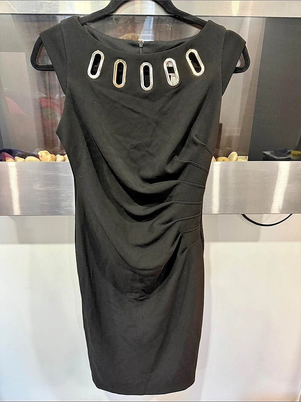 Joseph Ribkoff Gold Hardware Detail Sheath Dress Black Midi Size 6